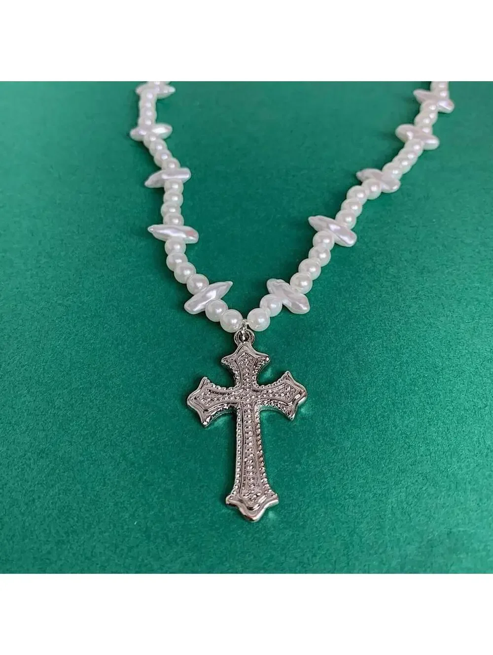 Cyber Grunge y2k Style Pearl Necklace with Gothic Silver Cross. 18-21 inches